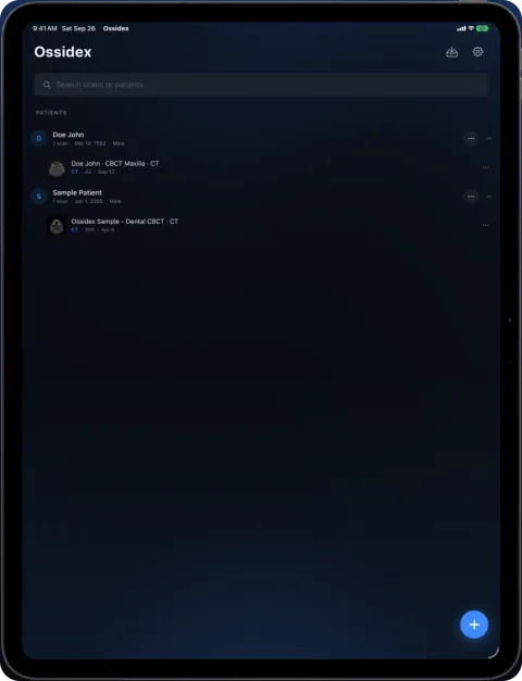 Ossidex library on iPad with patients and their studies stored on the device
