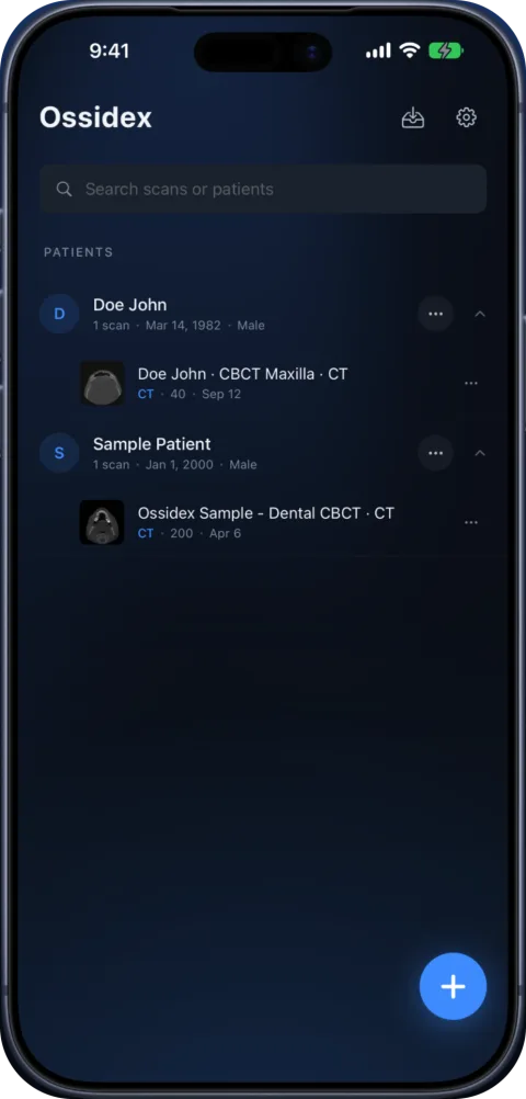 Ossidex library on iPhone listing imported CBCT studies from different patients